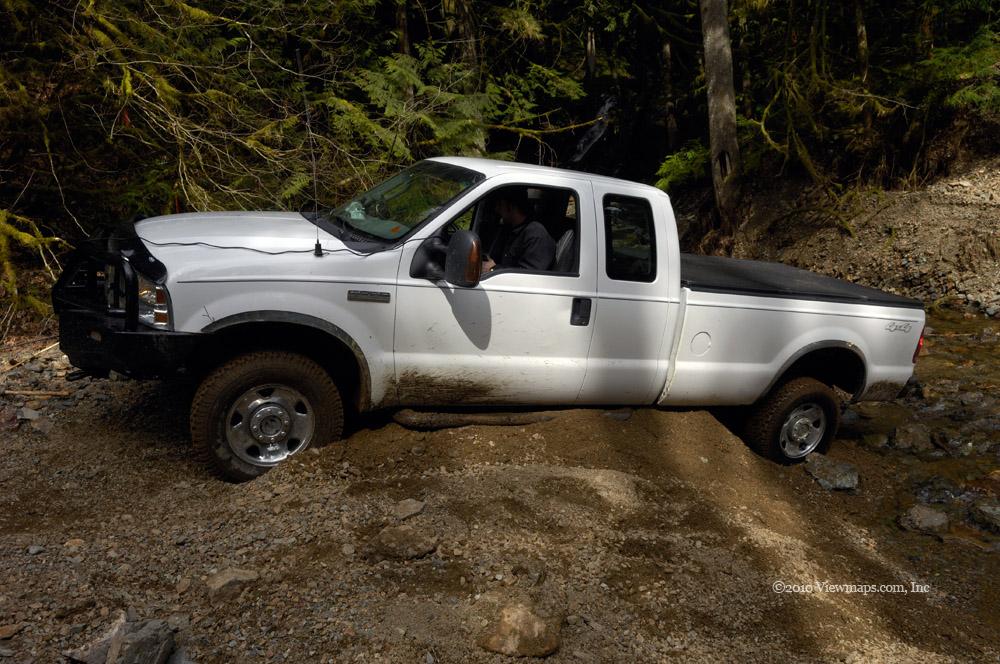 Stuck in the loose gravel while trying to cross a small stream