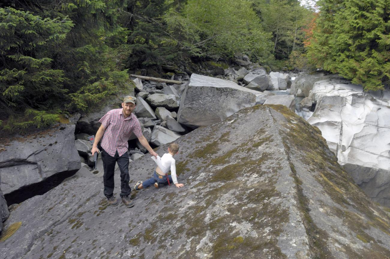 Liam was enjoying climbing the rocks a bit too much, Geoff grabbed him before he fell off!