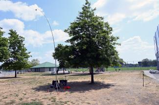 My station for the afternoon, kids playground behind the tree