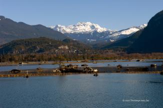 Looking over the town of Squamish to Mamquam Mountain and ice fields.